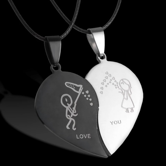 Couple Broken Heart Necklace Black Silver Color Boys Girls Choker - Picture 3 of 6